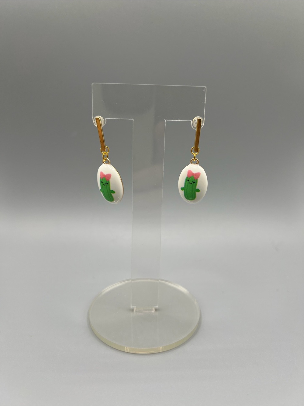 Cute Green Pickle Earrings with Pink Bow - Handmade